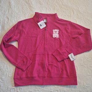 J America Squishy Faces dark pink full zip up sweatshirt has 2 small holes, NWT